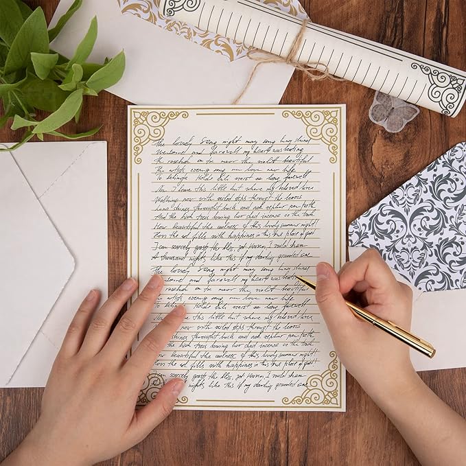 AnyDesign 60 Sheets Vintage Stationery Paper with 30Pcs Self-Adhesive Envelopes Gold Black Border Letter Paper Liner Double-Sided Writing Paper for Birthday Wedding Invitation Thank You Greetings