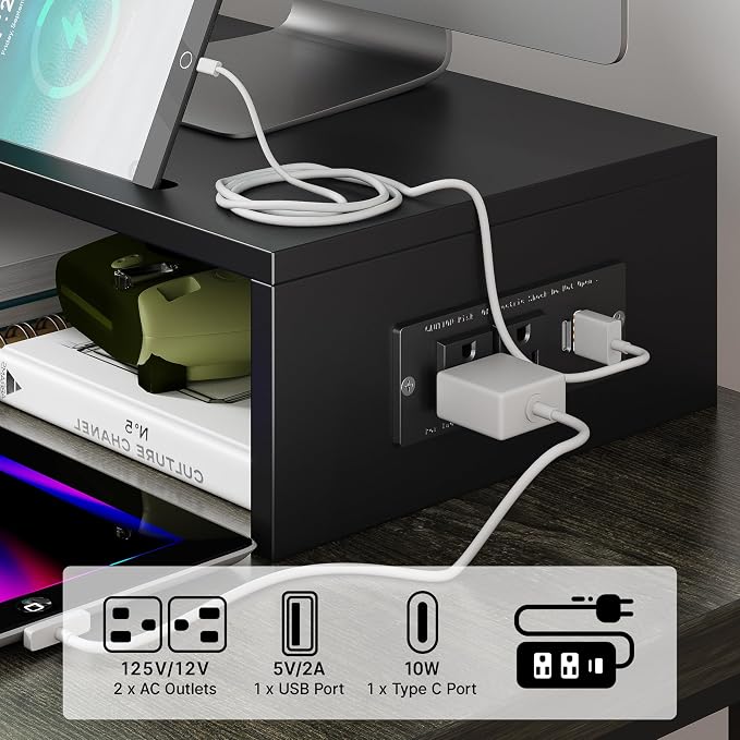 Dual Monitor Stand with USB Ports Wood Monitor Stand Riser with Drawer | Adjustable Desk Shelf,Desk Organizer for Computer,Laptop,Study&Office,No Assembly Required,Black