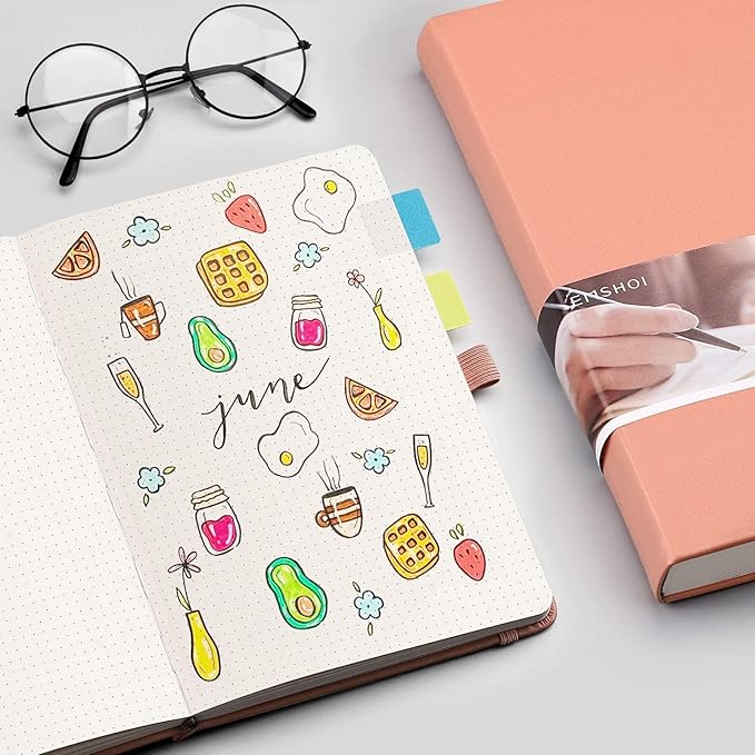 EMSHOI A5 Dotted Notebook Hardcover Leather Journal, 256 Pages 120gsm Thick Paper A5 Journal 5.75"x8.38", 16 Perforated Pages & Inner Pocket, Durable Dot Grid Notebook for Bullet Journaling, Pink