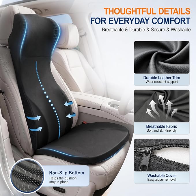 Allaboutsla 2 Piece Car Seat Cushion, Back Support with Car Headrest Pillow | 3-in-1 Memory Foam Car Seat Cushions, Car Lumbar Support with Car Neck Pillow, Seat Support for Long Driving, Trucks, Black