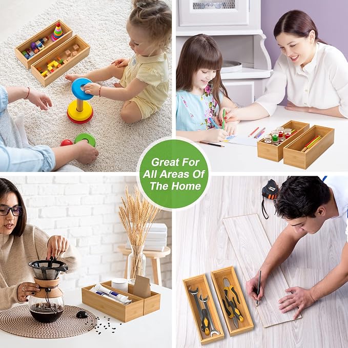 Lixple Bamboo Drawer Organizer – Set of 2 Stackable Storage Boxes, Silverware Tray & Small Gadget Holder for Kitchen Drawers, 9" x 3" x 2" (Outer), 8.3" x 2.3" x 1.77" (Inner)