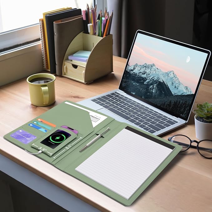Ospelelf Faux Leather Clipboard with Storage Foldable Clipolio with Notepad 8.5 x 11, Green Business Padfolio Portfolio for Women
