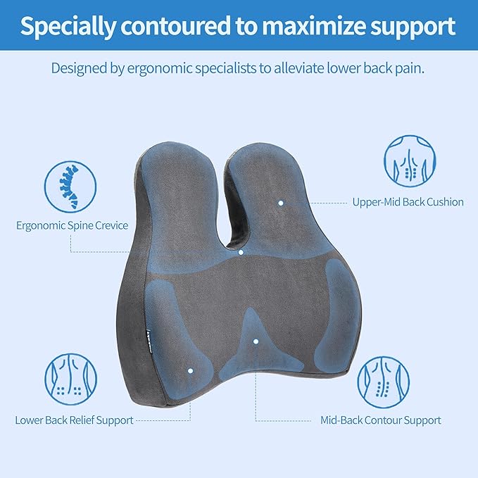 Lumbar Support Pillow for Office Chair - Memory Foam Back Cushion for Chair, Car, Couch - Lumbar Pillow Promotes Better Posture, Back Pain Relief with Adjustable Strap & Non-Slip