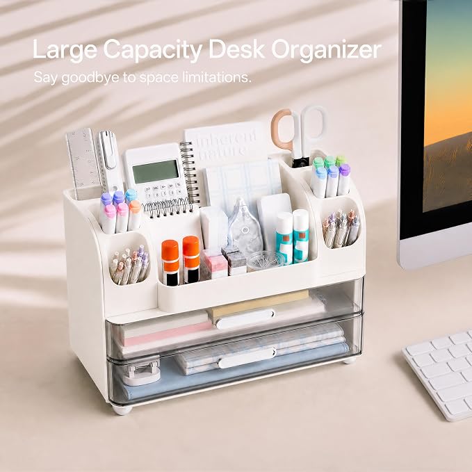 HBlife Desk Organizer with Pencil Pen Organizer for Desk, Pen Holder with 2 Drawers, Desk Organizers and Accessories with Compartments, Desktop Storage for Office Home School Art Supplies, White