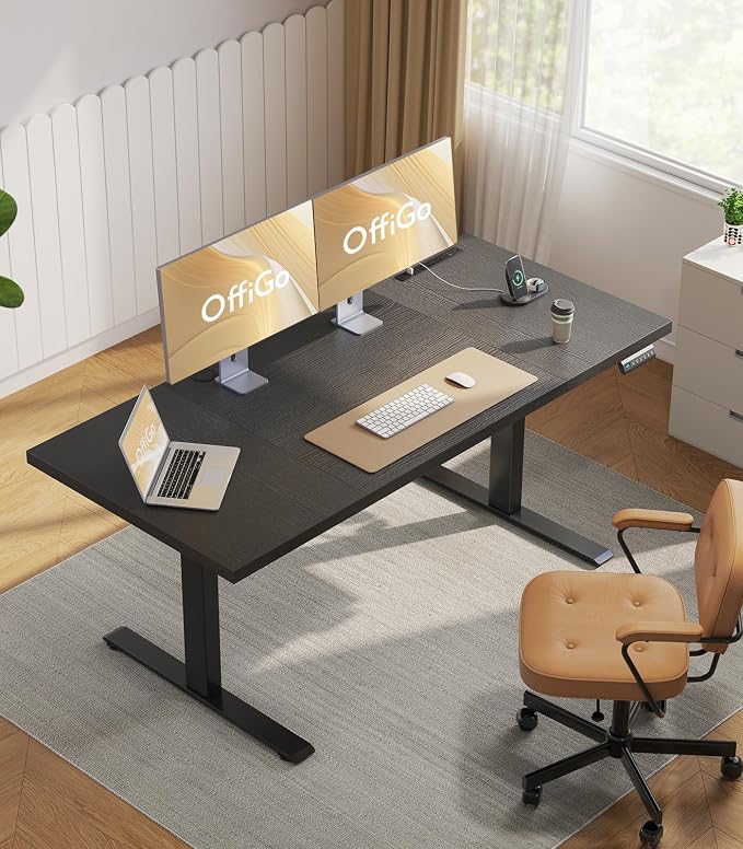 OffiGo 71 Inch Executive Electric Standing Desk Height Adjustable, Black | 1.38" Thick 3-Panel Desktop, Power Outlets, 3 Memory Presets, Dual-Beam Frame for Home Office, Workstation, Conference Room