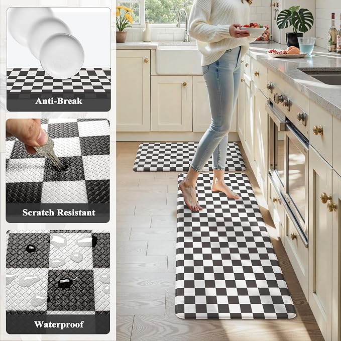 KIMODE Anti Fatigue Kitchen Mat for Floor,Black and White Plaid Kitchen Rug | Farmhouse Kitchen Rugs Sets of 2,Cushioned Kitchen Floor Mats,Non Slip Standing Desk Mat for Sink Laundry 20"x47"+20"x32"