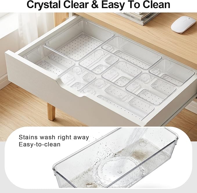25 Pcs Makeup Drawer Organizer Set, 4 Sizes Versatile Bathroom and Vanity Drawer Organizer for Makeup, Non-Slip Desk Organizer Trays for Bedroom, Office, Fits Jewelry and Office Supplies