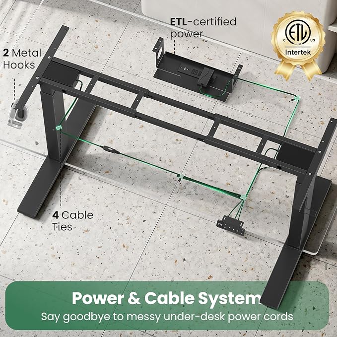 SIAGO Dual Motor Standing Desk Frame for Tops up to 75" - Black Frame Only | 280 lbs Capacity Adjustable Workstation Legs with 3 Memory Presets, Power Strip and Cable Management Tray