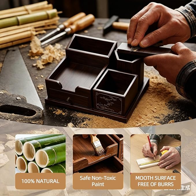 Bamboo Desk Organizer with Drawer, Wood Pen Holder & Card Slot, Brown | Desktop Storage Caddy, Office & Home | Natural Solid Bamboo, No Assembly, Non-Slip Base | Multi-Compartment, Ready to Use
