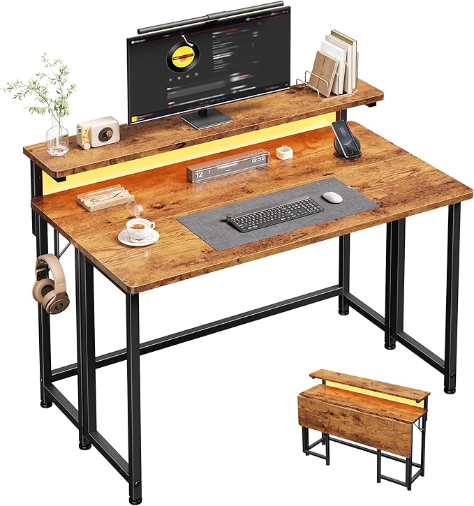 Folding Desk,Foldable Computer Desk with Monitor Stand,39.4 Inch Gaming Desk with LED Lights & Hooks,Space Saving Sofa Table for Couch,Home Office Desk for Bedroom Living Room,Rustic Brown