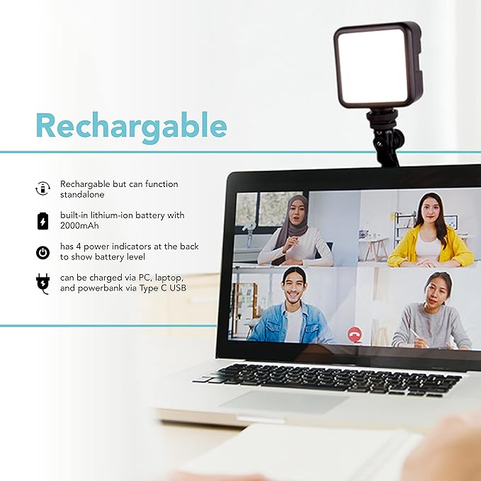 Foto&Tech Dimmable LED Laptop Lighting Kit, Rechargeable 2100mAH Light Panel with Diffuser and Strong Suction Cup, Video Camera Light for Web Conference Zoom Call Online Broadcast Live Streaming