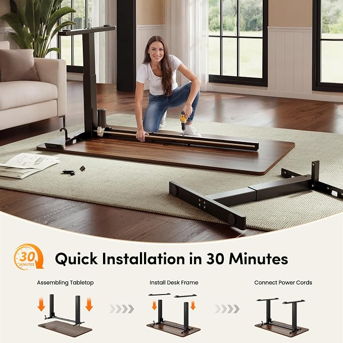 CubiCubi Electric Standing Desk 55 x 24 Inch, Height Adjustable Sit Stand Desk with Memory Presets, Splice Desktop Computer Desk for Home Office, Black Frame/Dark Walnut Top
