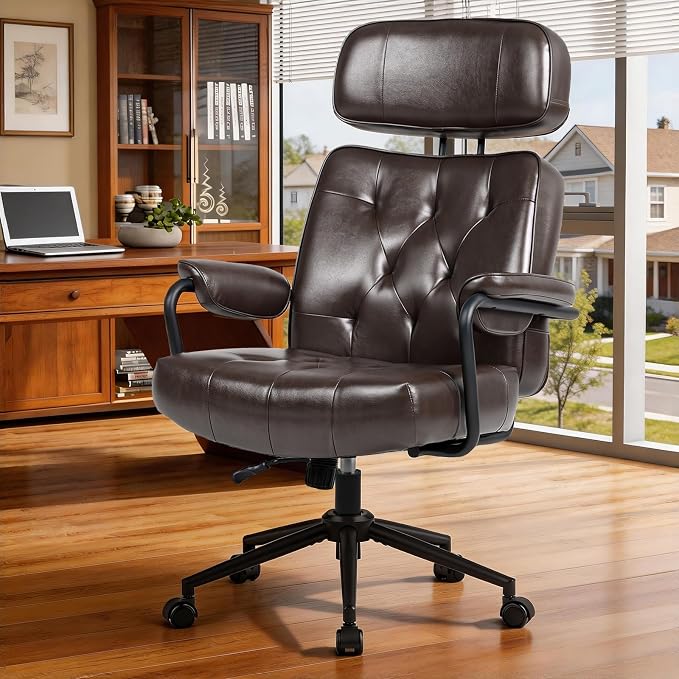 Mid Century Modern Home Office Desk Chair Comfy, Office Chair Big and Tall | High Back Executive Office Chair, Ergonomic Computer Chairs, Wide Seat, Pu Leather, Rolling Chair with Wheels, Chocolate