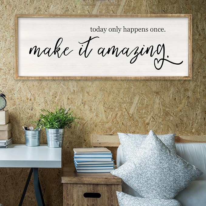 RLWangChao Today Only Happens Once Make It Amazing Wall Art Decor 32x12 Inch Large Inspirational Quote Sign Rustic Living Room Vintage Wood Frame Office Motivational Home Wall Hanging (Wood)