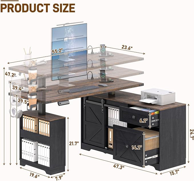 St.Mandyu L Shaped Electric Standing Desk 55" Black with Power & Storage | File drawer, sliding door cabinet, cup holder, height adjustable, sturdy wood frame, home office for work/study/writing