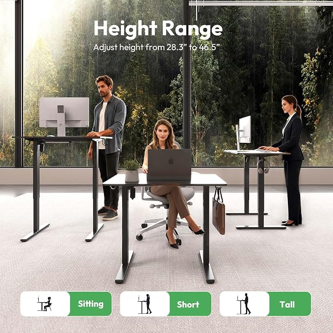 32 x 24 Inch Height Adjustable Standing Desk, 3 Presets, Black | 32 x 24 in Desktop, 28.3–46.5 in Height, 2+3 Controls, ≤45 dB, 154 lb Capacity, 2 Hooks