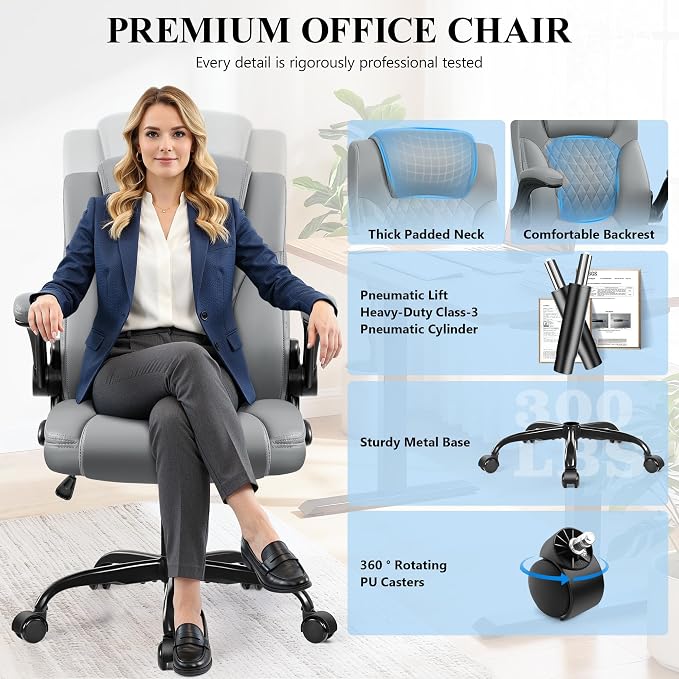 Ergonomic Office Chair, Adjustable Leather Computer Chair with Flip-Up Armrests & Lumbar Support, 275 lbs Capacity, 360° Swivel Task Chair for Home Office, Gray