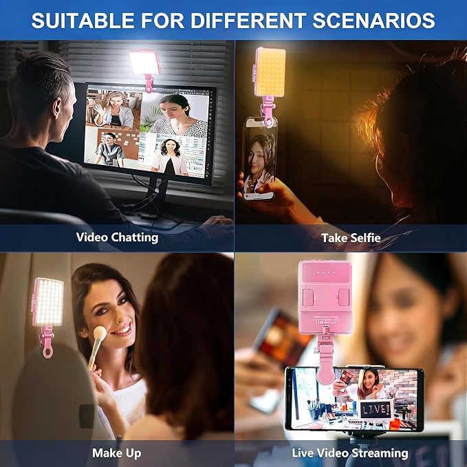 Selfie Light, Phone Light with Front & Back Clip, 60 LED Portable Light with 3 Modes, 5000mAh Rechargeable Video Light for Phone, iPhone, IPad, Laptop, TikTok, Makeup, Lighting Monolights(Pink)