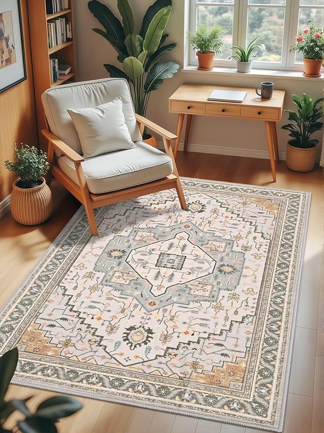 Macgace 3x5 Grey Beige Area Rug for Living Room, Machine Washable Rugs with Non-Slip Backing for Bedroom, Vintage Medallion Carpet Kitchen Laundry Kids Room Decor