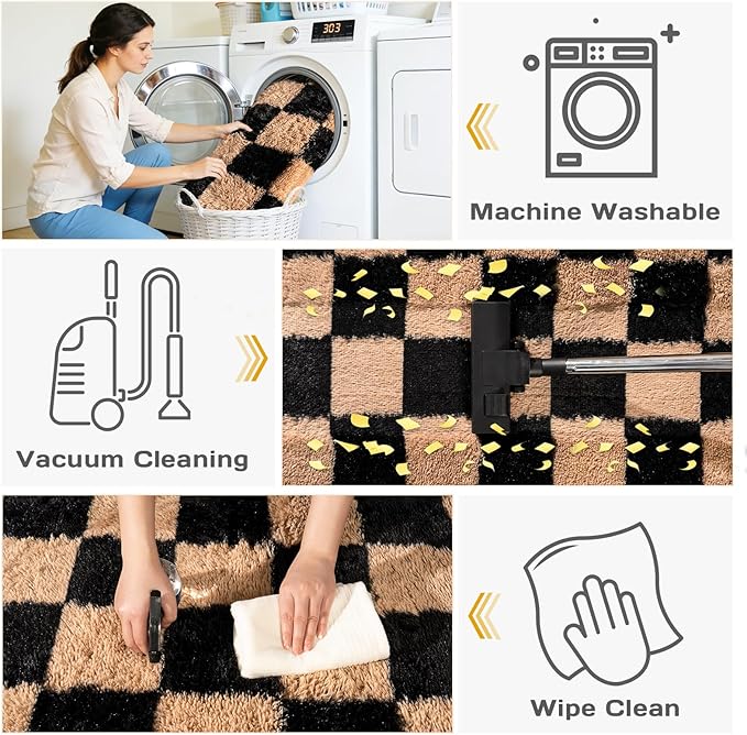 Area Rugs for Living Room Bedroom 8x10, Ultra Fluffy Shag Checkered Rug Modern Washable Carpet Soft Shaggy Non Slip Indoor Plush Fuzzy Rugs for Bedroom Dorm Office Home Aesthetic Decor, Black & Beige