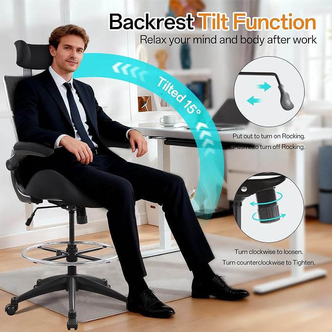BOLISS Drafting Tall Office Chair 400lbs High Back Wide Standing Desk Chair Comfortable with Flip up Armrests Lumbar Support Adjustable Big Footrest Ring(Black)