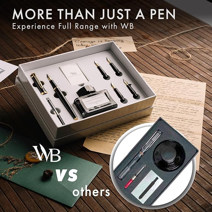 Wordsworth & Black Fountain Pen Gift Set, Includes Bottle, 6 Cartridges, Refill Converter, 4 Replacement Nibs, Premium Package, Journaling, Calligraphy, Smooth Writing Pens [Black Gold]