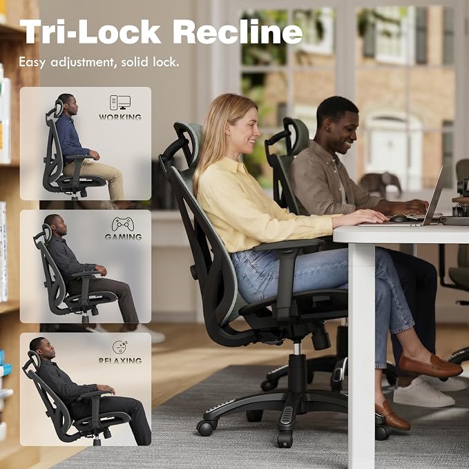 ELABEST T23 Ergonomic Mesh Office Chair, High Back Computer Desk Chair, Breathable AirMesh with Dual-Move Lumbar Support, 3D Armrests & Headrest, Tilt Lock, Big and Tall for Home Office((Eucalyptus)