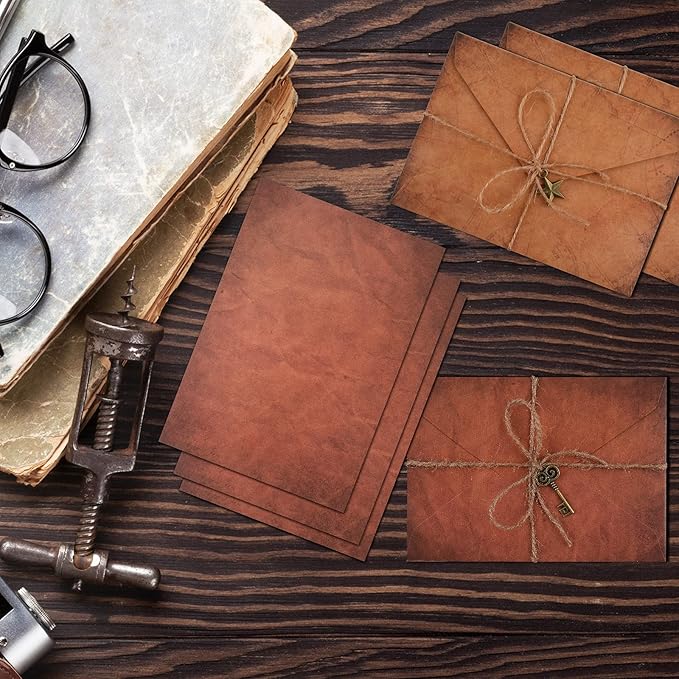 Vintage Stationary Paper and Envelopes Set, Writing Stationery Paper Letter and Envelopes Includes Sheets Antique Letter Papers, Kraft Envelopes, Retro Accessories, Rope (60 Pieces)