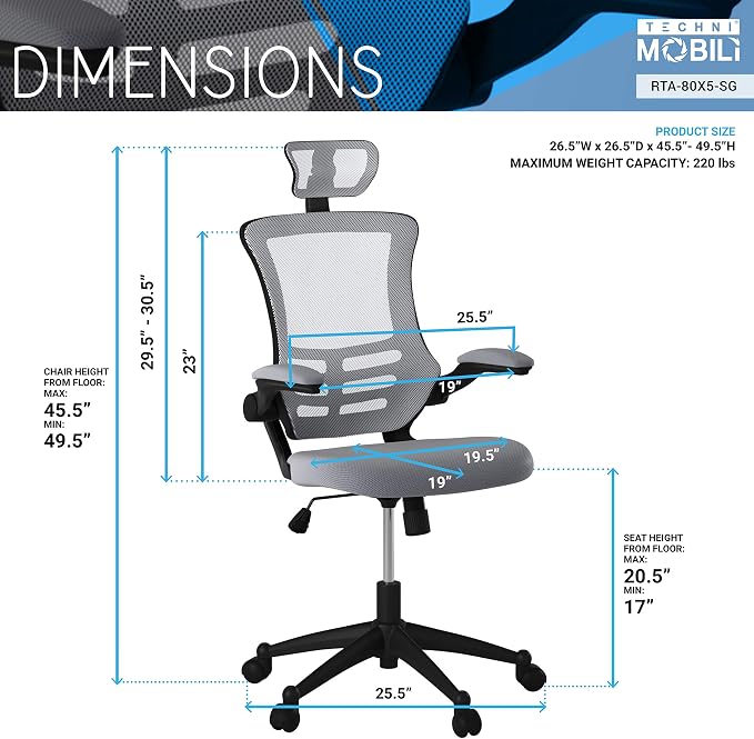 Techni Mobili High-Back Mesh Office Chair with Headrest,Recline,Silver Grey | Executive mesh office chair, adjustable headrest, flip-up arms, recline control, height adjustable, swivel chair, ergonomic
