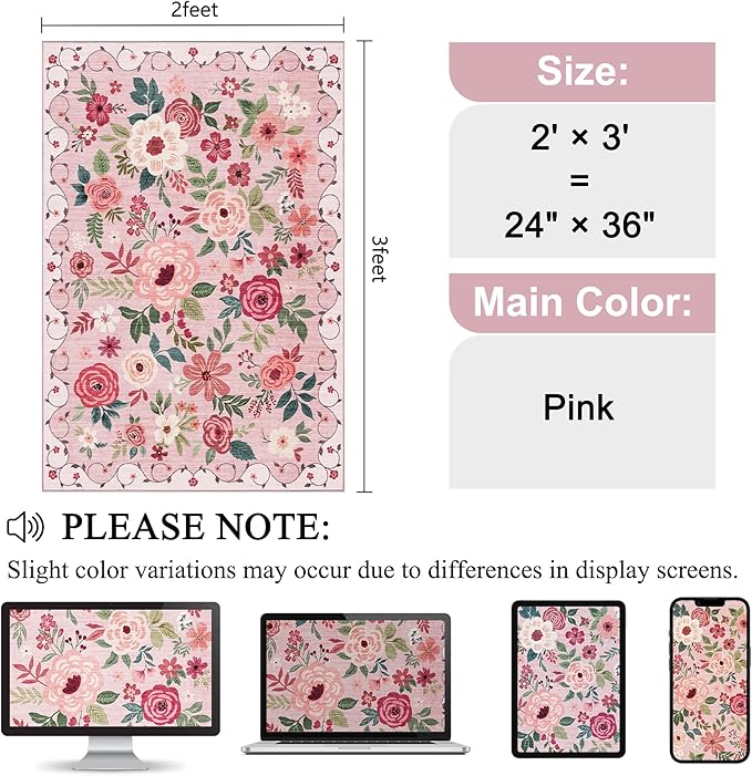 DUKINO 2x3 Rugs for Entryway, Floral Indoor Washable Door Mat, Non Slip Boho Small Rug for Kitchen, Soft Low Pile, Front Door Throw Rug for Entrance, Bedroom, Kitchen, Laundry, Bathroom, Pink