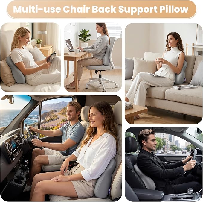 ZZ-WELL Lumbar Support Pillow for Office Chair - Ergonomic Back Support Cushion for Mid Lower Back Pain Relief, Posture Improved - Adjustable Straps, Breathable & Removable Cover (Grey)