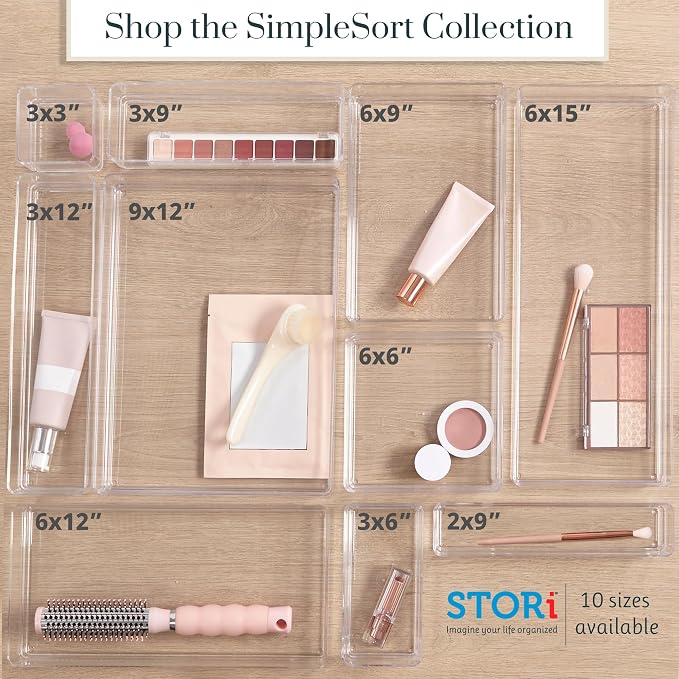 STORi SimpleSort 6-Piece Stackable Clear Drawer Organizer Set | 6" x 6" x 2" Square Trays | Small Makeup Vanity Storage Bins and Office Desk Drawer Dividers | Made in USA