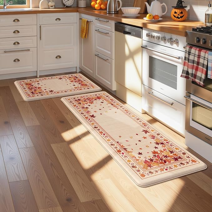 KIMODE Fall Kitchen Mats Cushioned Anti Fatigue 17"x47"+17"x29", Beige Kitchen Mats for Floor, Padded Kitchen Floor Mats Non Slip, Autumn Maple Leaves Standing Mat for Laundry Office Sink Desk