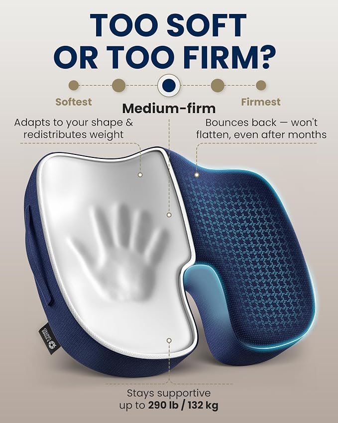 5 STARS UNITED Seat Cushion - Memory Foam Chair Cushion for Tailbone Pain Relief - Ergonomic Support for Coccyx, Sciatica & Butt - Office, Desk & Gaming Chair, Car Seat, Wheelchair, Airplane, Blue