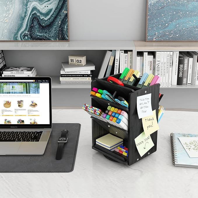 Bamboo Rotating Large Desk Organizer - Darfoo Art Supply Organizer, 13 Compartments, 1000+ Pencil Holder Capacity, Easy DIY Assembly, Spinning Desktop Organizer for Home Office Supply (Black)