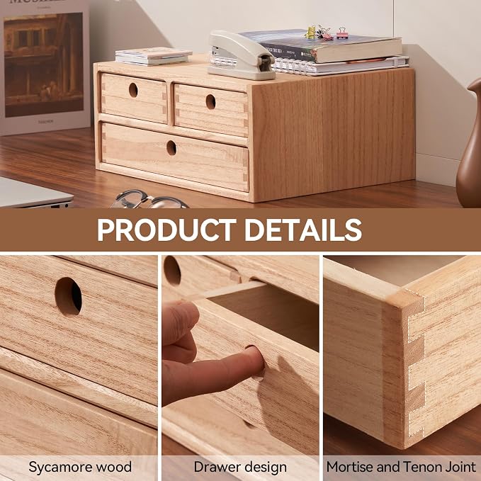 KIRIGEN Wood Desk Organizer with 3 Drawers, Desktop Storage, Natural 23-NA | Wooden Desktop Drawer Hold A4 Papers, Stationery, Jewelry, and Makeup, Fully Assembled for Home Office