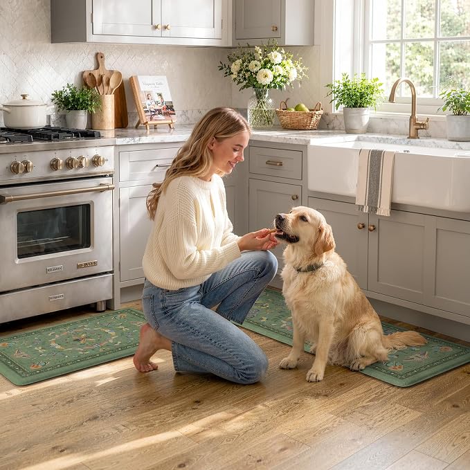 KIMODE Kitchen Mats for Floor Cushioned Anti Fatigue Kitchen Rugs Sets of 2 | 17 x29+17"x47", Sage Green,Vintage Butterfly,Non Slip Waterproof,Memory Foam,Standing Mats,for Laundry Sink Office Home Decor