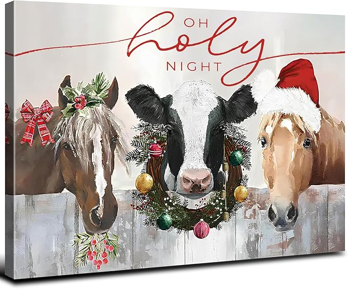 Farmhouse Animals Wall Art Cute Country Farm Horse Cow Canvas Prints Framed Artwork Christmas Accent Decoration for Bedroom Living Room Retro Abstract Barn Poster Xmas Holiday Party Home Decor 32x48