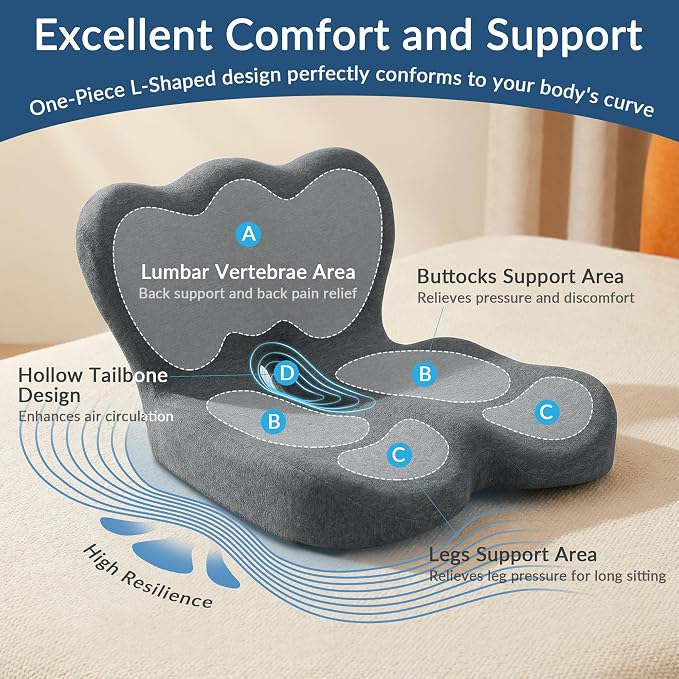Exclusivo Mezcla Memory Foam Seat Cushion, Grey | Ergonomic Tailbone Pain Relief Cushions, Non-Slip Seat Pad, Suitable for Office Chair and Car Seat