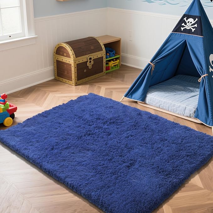 Blue Fluffy Rug Shag Area Rug, 4x6 Area Rugs for Girls Bedroom, Soft Play Mat, Indoor Floor Carpet for Teen, Preppy Dorm, Plush Aesthetic Bedside Rug