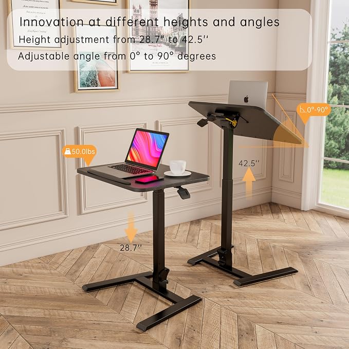 alawooder 25 Inch Mobile Folding Desk - No Assembly, Pneumatic Sit-Stand, 29-42" Height Adjustable Rolling Laptop Desk with Hidden Wheels, 0-90° Tilt Top for Home Office, Craft & Study