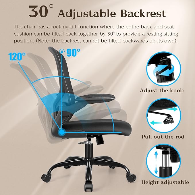 FelixKing Office Desk Chairs, Ergonomic PC Desk Chair with Wheels, Adjustable Lumbar Support and Height, Swivel Computer Chair with Flip-up Armrests, Ergo Mesh Backrest for Working (Black, Pack of 8)