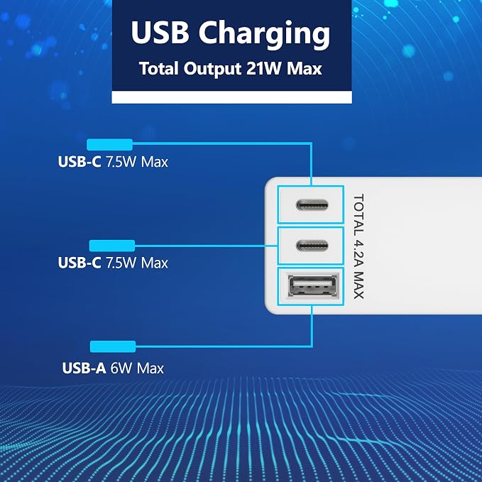 LIDER Surge Protected Outlet Extender, 4-Outlet Power Strip, 21W USB-A & 2 USB-C, Ultra-Thin Wall Plate Plug with Cord Extender, Flat-Face, 5ft Cord, 1500J, 1625W, ETL Listed, Matte White