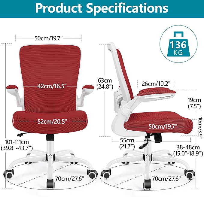 FelixKing Office Chair, Ergonomic Desk Chair Breathable Mesh Chairs Adjustable High Back Lumbar Support Flip-up Armrests, Executive Rolling Swivel Comfy Computer Chairs Home Office Fire Brick