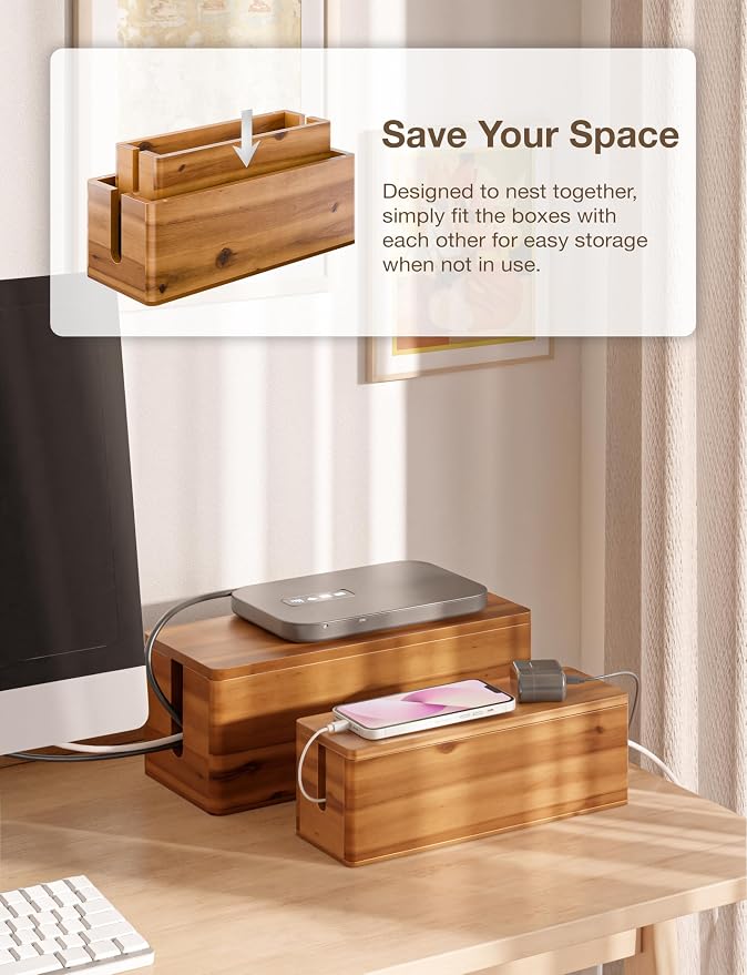 TIDITA Set 2 Sizes Wooden Cable Management Box Round Edge, Magnetic Lid | Large & Small Size, Cable Slots, Magnetic Lid, Non-Skid Pads, Solid Acacia Wood, Wooden Power Strip Box, Surge Protector Box