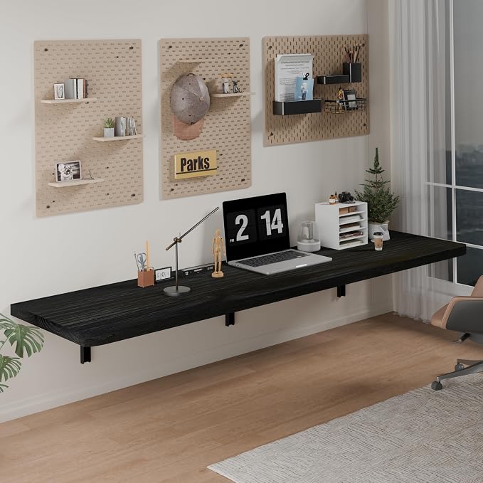 IAE Wall Mounted Folding Table with Pine Wood,60" x 16" Floating Wall Desk,Laundry Folding Table with Shelf Brackets,Fold Down Desk Shelf,Fold Workbench for Apartments,Home,Laundry Room,Kitchen,Black
