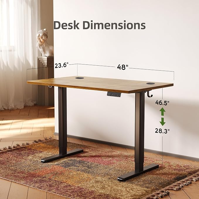 INNOVAR Electric Standing Desk, Adjustable Height Stand up Desks, 48 x 24 Inches Sit Stand up Desk for Home Office Computing, 3-Preset Memory Height Ergonomic Rising Desks, Rustic Brown