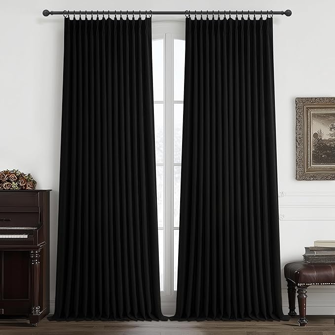High Ceiling Extra Long Pinch Pleated Black Out 108 Inch Curtains for Patio Sliding Door, Textured Blackout Natural Linen 2 Layer Tall Curtain 9 FT Length Drapes for Dining Room Windows 2 Panels Decor