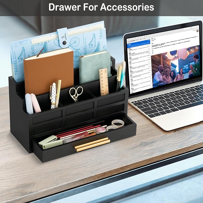 dreampossible Black Wood Desk Organizer and Accessories with Drawer, Bill Mail Organizer and File Mail Holder for Office Supplies, Rustic Desk Accessories & Workspace Organizers for Desk Organization