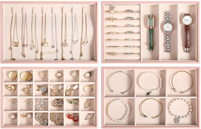 LANDICI Stackable Jewelry Organizer Trays 4 Set,PU Leather Jewelry Organizer Drawer,Jewelry Storage Display Tray for Earring Necklace Rings Bracelet with Removable Dividers,Pink